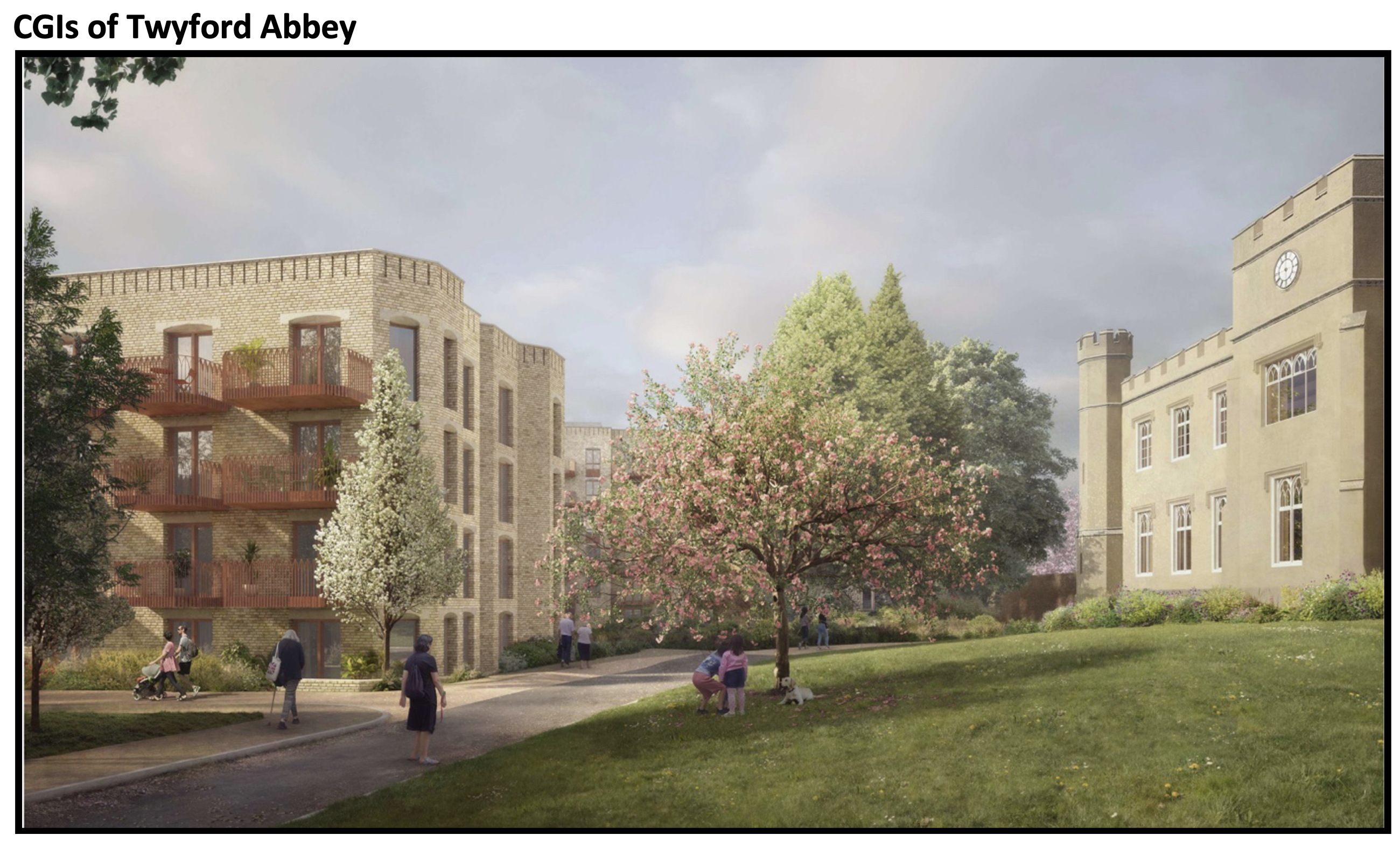 Twyford Abbey CGI render showing the historic Abbey building
